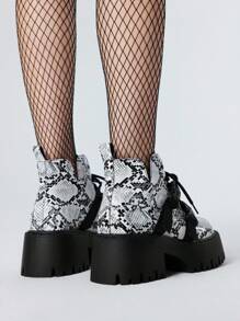 ROMWE Goth Women's Platform Lace-Up Short Boots Black Wedge Heel Boots Punk Dark Snakeskin Pattern Boots, Halloween