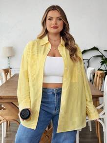 SHEIN CURVE+ Plus Size Women's Striped Printed Simple Daily Long Sleeved Shirt, Long Sleeved Top,Teacher Shirtsfall Clothes For Women,Winter,CURVE PLUS