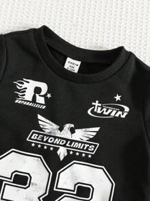 TaviRue 男婴/女婴黑色羊毛厚款休闲舒适百搭印花图案圆领长袖上衣，街头时尚，秋冬