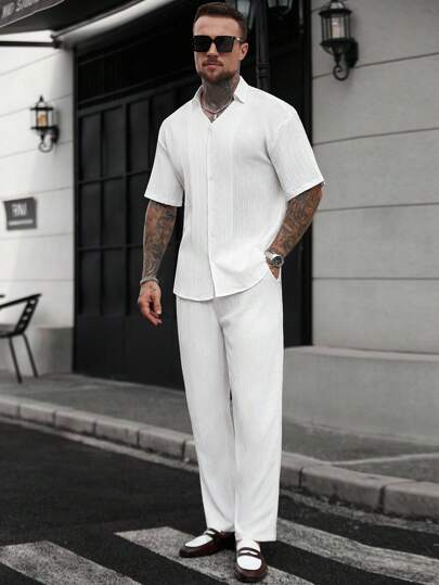 Manfinity CasualCool 男士休闲纽扣短袖衬衫和裤子套装