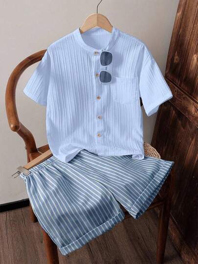 SHEIN Vintaside Kids 2pcs/Set Tween Boy Commuter Casual Textured Striped Fabric Stand Collar Shirt & Striped Shorts, Comfortable & Fashionable, School, Campus, College