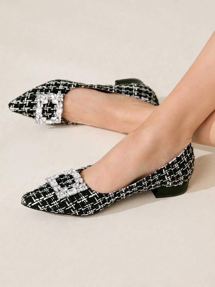 CUCCOO CHICEST 女性用秋冬新作 クリスタルバックル付尖った先端フラットシューズ、エレガント、高級感、通勤、クラシック、快適 ブラックチェック柄ウール製レディースフラットシューズ、午後のお茶会、デート、仕事着、エレガントな服装、フォーマルな機会、ハロウィン、クリスマス、感謝祭に最適