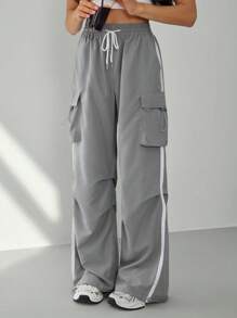 SHEIN Tall Women's Summer Streetwear Sport Basic Flap Pocket Side Drawstring Waist Parachute Grey Cargo Pants