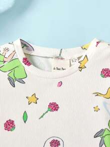 LE PETIT PRINCE X SHEIN 2pcs/Set Young Girl Cartoon Fox & Rose Print Cute Sweet Pink & White Casual Versatile Short Sleeve T-Shirt - Pink - View 6