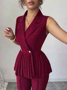 Elenzga 2件套女士优雅浪漫褶皱A字无袖西装套装