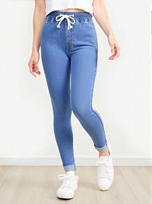 SHEIN 少女Y2K风格牛仔裤，秋冬新款，时尚休闲简约高弹面料，水洗牛仔蓝修身弹力抓绒面料，舒适日常休闲裤，卷边裤脚，抽绳腰带，修身弹力面料，舒适又时尚 - 中等水洗藍 - 查看 5