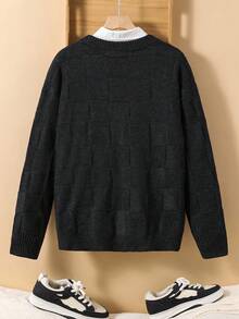 SHEIN Teen Boys' Charcoal Grey Textured Cardigan Sweater,Baggy Casual College Style Button Knitted Cardigan,Back-To-School Soft Autumn Outwear For School - Dark Grey - View 2