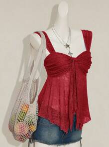 Sweetina 2025 Nuevo verano dulce vacaciones fiesta de regreso a la escuela temporada mujer unicolor transparente dobladillo camiseta - Burdeos - Ver 6