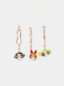 THE POWERPUFF GIRLS X SHEIN 花朵、泡泡、毛茛图案可爱吊坠耳环 - 金黃色 - 查看 3