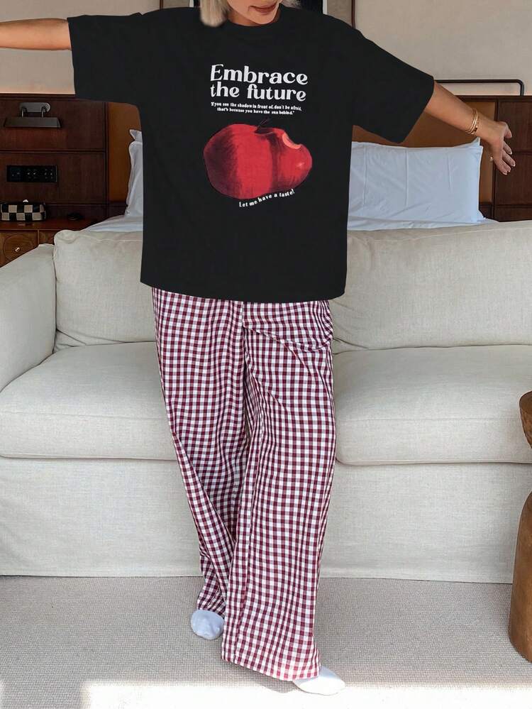 Women's Round Neck Loose Short Sleeve Top And Plaid Pants Elegant 2 Pieces Casual Vacation Set