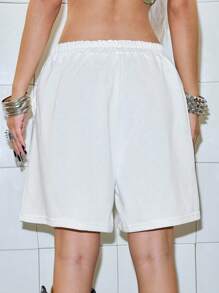 Paul Frank X ROMWE 女士休闲字母和猴子印花松紧腰短裤，夏季 - 白色 - 查看 7