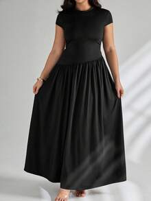 SHEIN Tall CURVE 大码女式纯色立领飘袖褶皱优雅连衣裙 - 黑色 - 查看 4