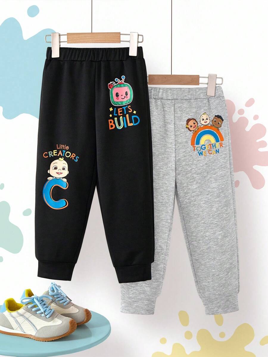 CoComelon X SHEIN 2pcs/Set Young Boy Letter & Cartoon Figure Graphic Drawstring Sports Pants, Autumn/Winter - Multicolor - View 1