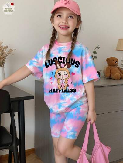 SHEIN Set de 2 piezas de camiseta de manga corta y pantalones cortos con estampado de animales de dibujos animados y teñido anudado colorido, estilo casual y lindo para niña, adecuado para el verano