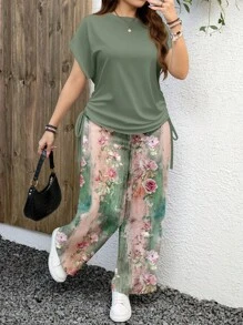 EMERY ROSE 2pcs/Set Plus Size Green Short Sleeve Top With Printed Pattern And Pants, Suitable For Summer Suitable For Going Out - Green - View 1