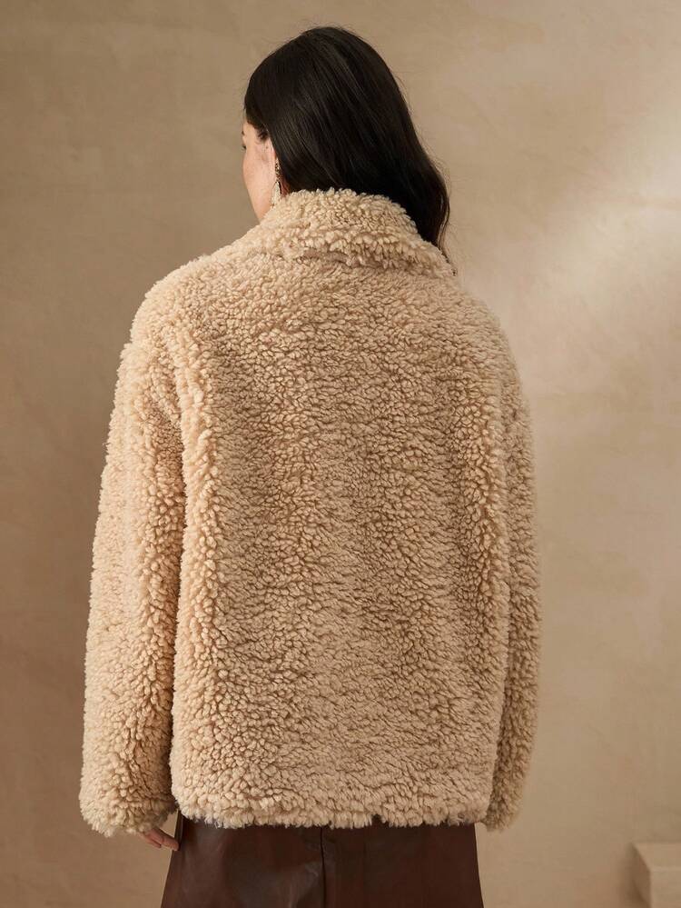 Patchwork PU Lapel Oversized Fluffy Jacket, Thick & Warm For Women, Autumn/Winter Women Coats