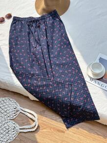 Comfortcana Plus Size Casual Navy Blue Plaid Bow Print Drawstring Pants - Navy Blue - View 4