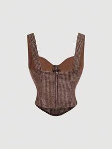 SHEIN MOD Áo dệt kim không tay màu nâu với dây đeo bản rộng, áo corset màu nâu, dành cho giáo viên, chuẩn bị cho năm học mới, kiểu dáng cổ điển, phù hợp cho công việc, đi học, kỳ nghỉ, hẹn hò, tiệc tùng, lễ hội và sinh nhật, phong cách cung đình cổ điển, mang hơi hướng quý tộc xưa, mùa xuân/hè. - màu nâu - Xem 2