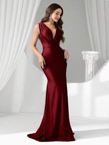 Coutiva Sexy Deep V Elastic High Waist Asymmetric Ruched Fishtail Evening Gown, Suitable For Weddings, Events, Parties, Honeymoons, Bridesmaid Dresses - Burgundy - View 6