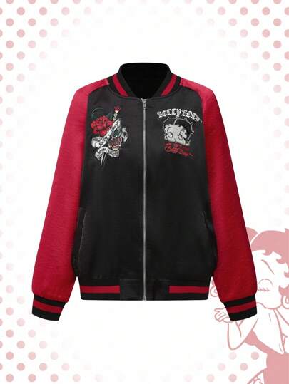 Betty Boop | ROMWE Y2K Baddie Oversized Graphic Floral & National Flag Patchwork Cartoon Figure Graphic Retro Jacket