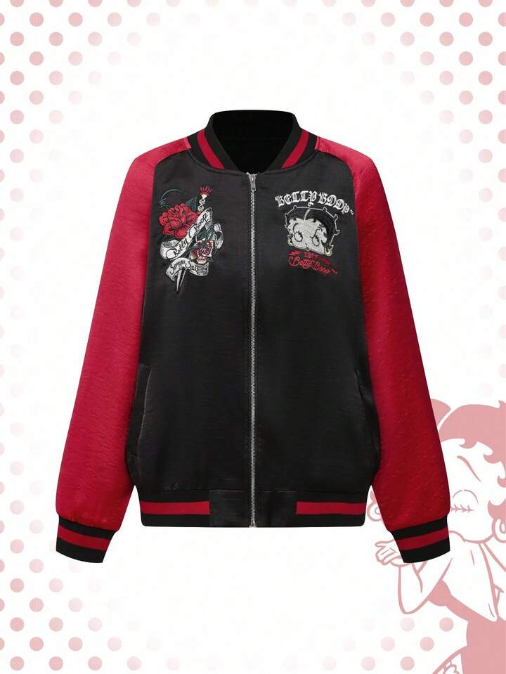 ROMWE Betty Boop ショート丈刺繍ライダースジャケット y2k Es Esto Lo Nuevo de Betty Boop | ROMWE Chaqueta retro con parches