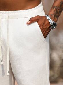 Manfinity Homme 男士纯色抽绳腰口袋休闲宽松棉质慢跑裤 - 白色 - 查看 5
