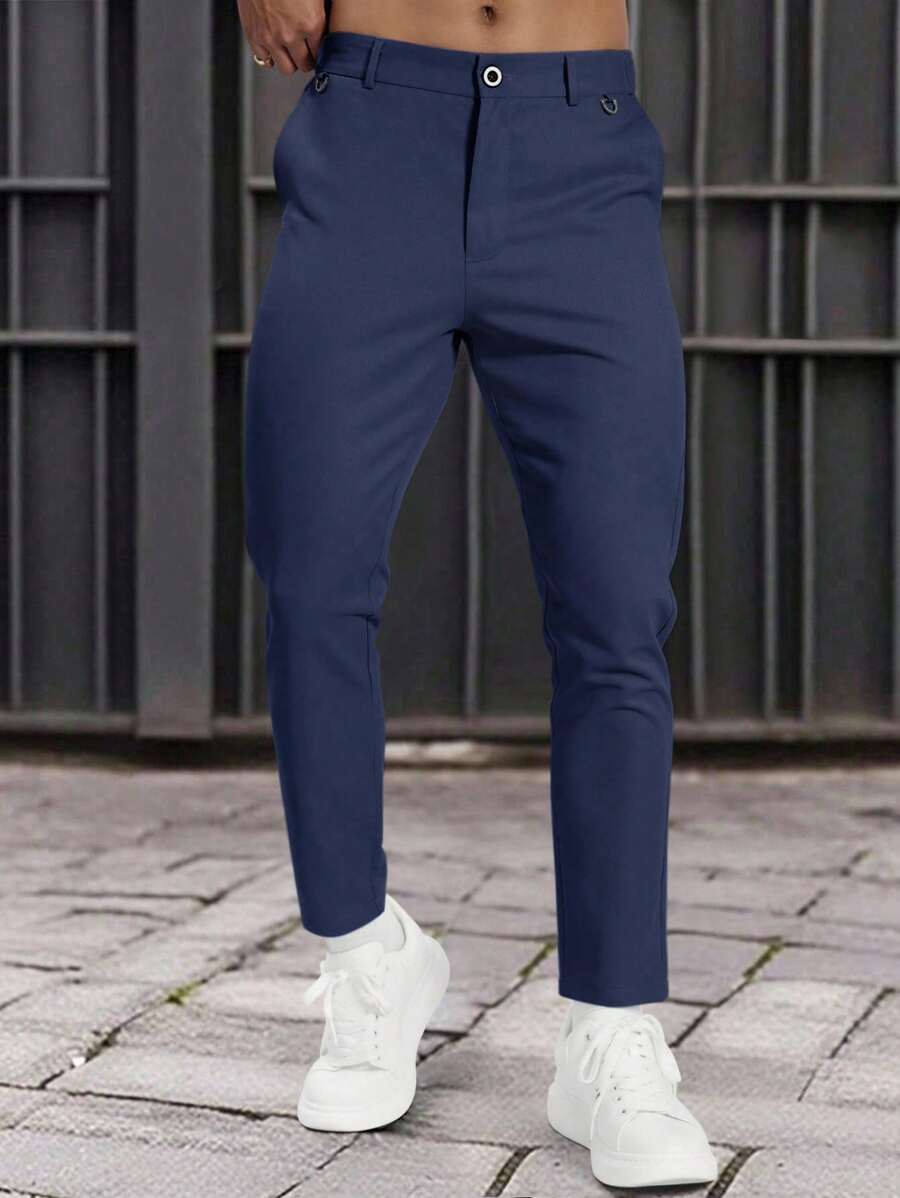Manfinity Homme 男士實色修身西裝褲,不帶皮帶 - 藏蓝色 - 查看 1