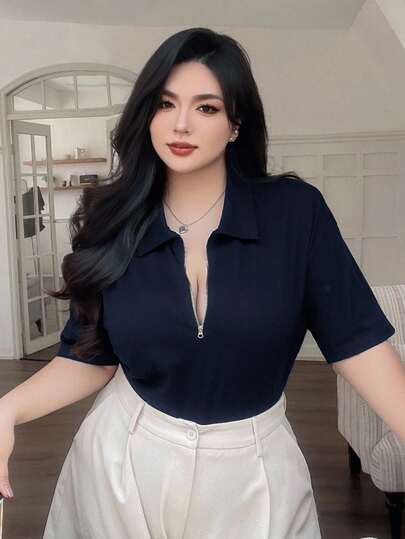 Dazy Plus 纯色翻领拉链宽松短袖T恤，夏季