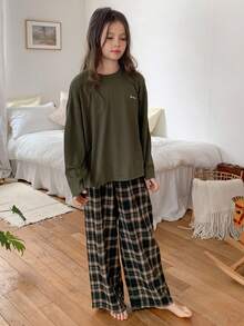 Hapijoa 青少年女孩圆领长袖宽松休闲上衣和裤子睡衣套装 - 軍綠色 - 查看 1
