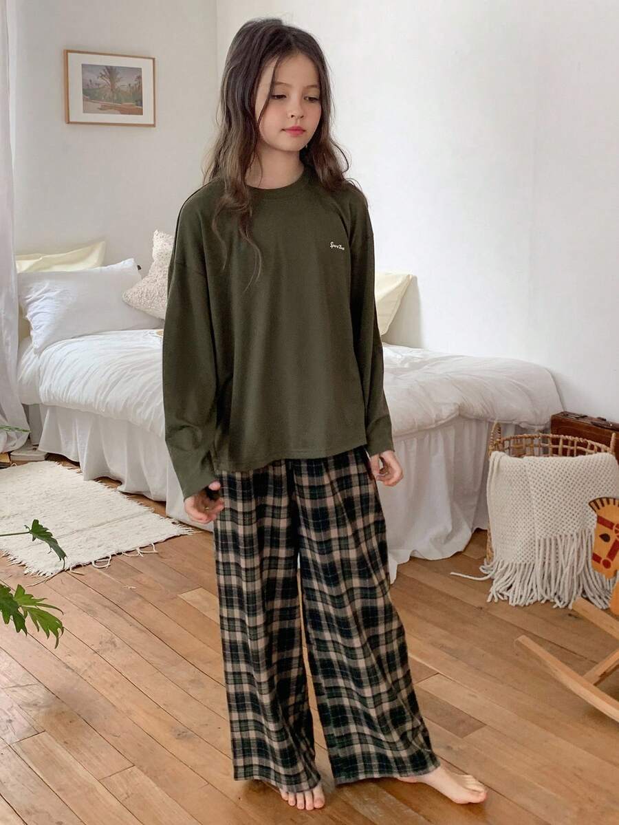 Hapijoa 青少年女孩圆领长袖宽松休闲上衣和裤子睡衣套装 - 軍綠色 - 查看 1