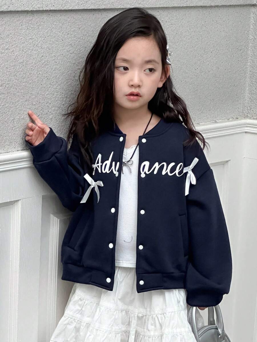 DAZY Young Girl Letter Print Bow Decor Jacket Fall,Winter - Navy Blue - View 1