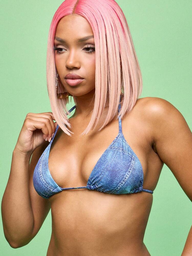 SUMWON Denim Bikini Swimsuit Triangle Halter Top Cheeky Bottom Beach Pool Party Festival Beachwear Summer Vacation Reversible Adjustable Tie String Bathing Suit