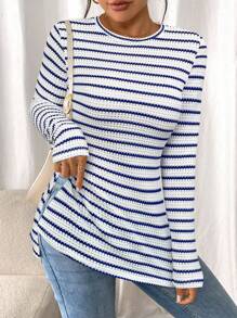 SHEIN Frenchy Casual Colorblock Striped Side Slit T-Shirt, Spring/Autumn Winter Casual Blue - Blue - View 3