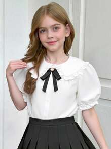 Elladie kids 1件少女彼得潘领泡泡袖衬衫，独特设计学院风上衣，秋冬返校季必备 - 白色 - 查看 1