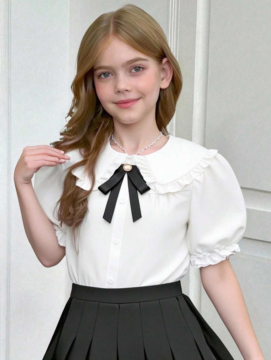 Elladie kids 1件少女彼得潘领泡泡袖衬衫，独特设计学院风上衣，秋冬返校季必备 - 白色 - 查看 1