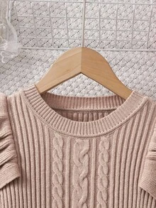 Tween Girl Round Neck Long Sleeve Textured Ruffle Flare Sleeve A-Line Casual Sweater Dress Fall Winter - Khaki - View 6