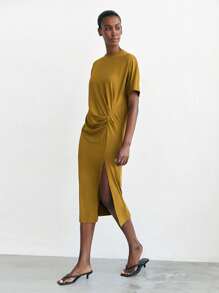 Maija Women Solid Color Crew Neck Short Sleeve Ruched Side Split Dress