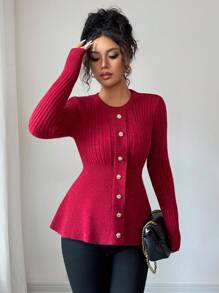 Elenzga Damen Neuer Herbst/Winter Rundhals Pullover mit Metallknopf Dekor, Rüschen-Saum, eleganter Slim Fit, vielseitig für Dates - Bordeaux - Übersicht 4