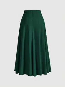 SHEIN MOD 女士优雅纯色褶皱 A 字裙，适合通勤 - 墨綠色 - 查看 2