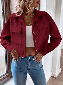 EMERY ROSE 简约休闲纯色前开襟纽扣翻盖口袋夹克，适合大学校园秋冬季女装