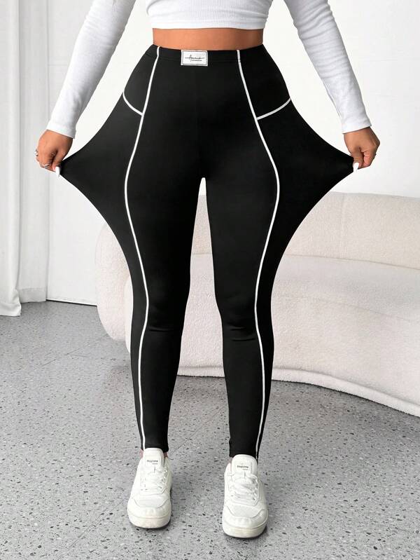 SHEIN Tall CURVE Leggings Casuales de Elastic de Color de Parche de Contraste de Moda para Mujer de Talla Grande