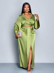 SOLERSUN 大码秋冬新款亮面缎面纯色衬衫领蝴蝶结荷叶边喇叭袖短款上衣搭配褶裥侧开衩直筒裙两件套，优雅商务休闲性感日常音乐会嘉年华毕业派对时尚女装