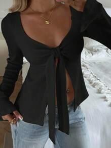 SHEIN EZwear Women's Regular Length Flare Sleeve Top In Black With Chic Front Bow And Slit Hem Bow Tops - Black - View 5
