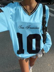 Muchica Women's New V-Neck Casual Sports Letter & Graphic Patchwork Oversized Loose Long Sleeve T-Shirt, White,Fall Tops Oversized Jersey Korean Fashion Jersey Long Sleeve Jersey