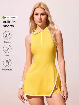 CourtClass Damska sukienka tenisowa do ćwiczeń na świeżym powietrzu z rozcięciem na dole, kołnierzykiem polo, żółta, sportowa, żółta sukienka tenisowa, sukienka tenisowa z wbudowanymi spodenkami, sportowa sukienka dla kobiet, damska sukienka tenisowa, sukienka golfowa, sportowa sukienka dla kobiet, sukienka tenisowa z wbudowanymi spodenkami, damska sukienka golfowa, sukienka z wbudowanymi spodenkami