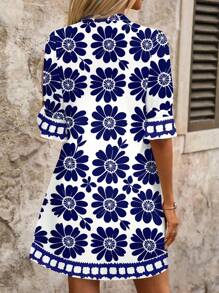 SHEIN Clasi Blue & White Vacation Printed Mini Dress,Vacation Outfits Woman  ,Sundresses For Women Vacation Dress Boho Suitable For Going Out