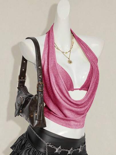 SHEIN ICON 2pcs Summer Going Out Beach Hawaii Party Homecoming Concert Club Glitter Backless Women Tank Tops & Camis Pink Halter Top,Sexy Top