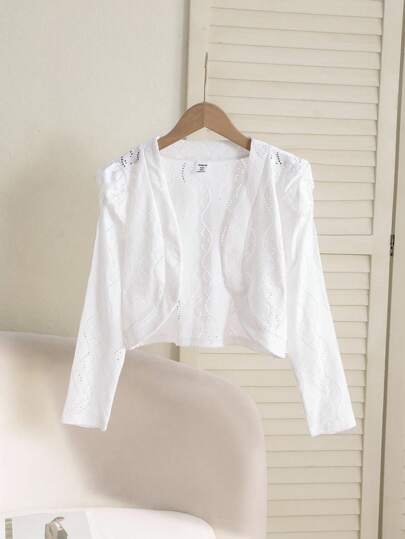 青少年女孩休闲泡泡袖镂空短款针织夹克，适合春秋季