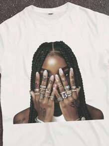 SHEIN 街头风格的图案 T 恤，复古，垃圾摇滚，少女休闲印花，适合夏季的短袖 T 恤，返校季，2000 年代风格，清凉夏日，度假氛围白色图案 T 恤 Y2k 图案 T 恤图案 T 恤婴儿 T 恤青年白色 T 恤 - 白色 - 查看 3