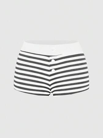 Fairycore Pantalones cortos de talla grande con estilo americano, a rayas negras y grises, con 3 botones en forma de triángulo